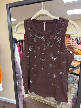 Free People Brown Embellished Floral Tank